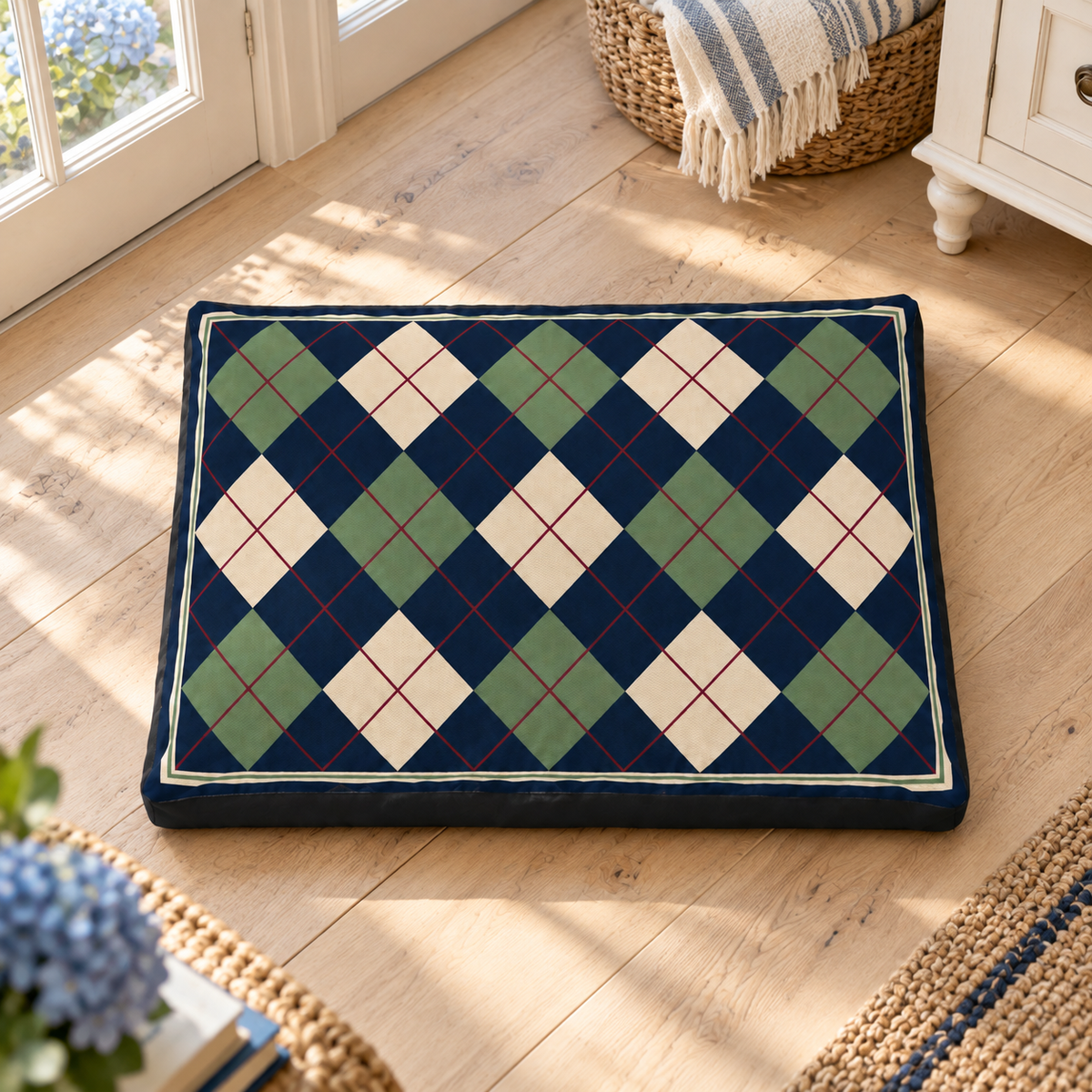 Clubhouse Argyle Dog Bed in a classic coastal setting