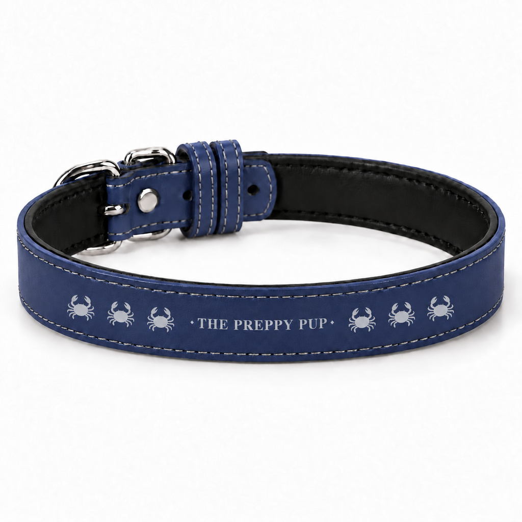 Cape Cod Crab Faux Leather Pet Collar fastened in a circle on a white background
