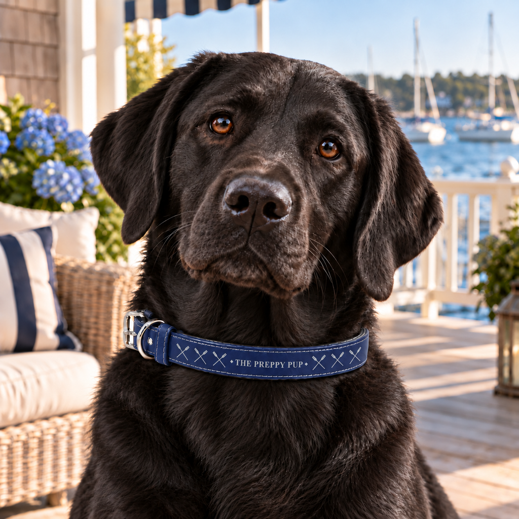Rowing Club Faux Leather Pet Collar worn by a black Labrador in a coastal setting