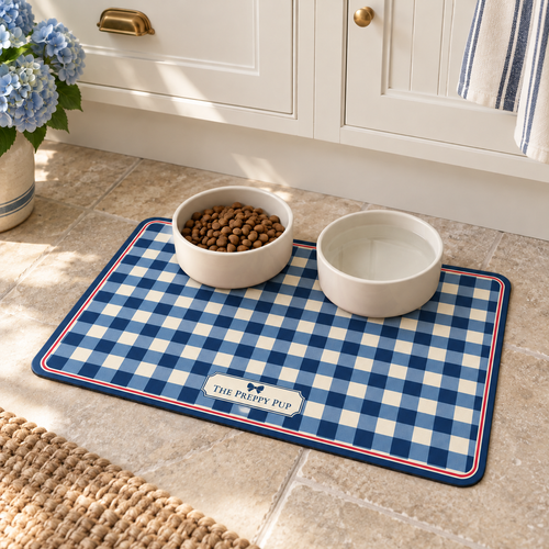 Garden Party Pet Mat with food and water bowls in a coastal kitchen