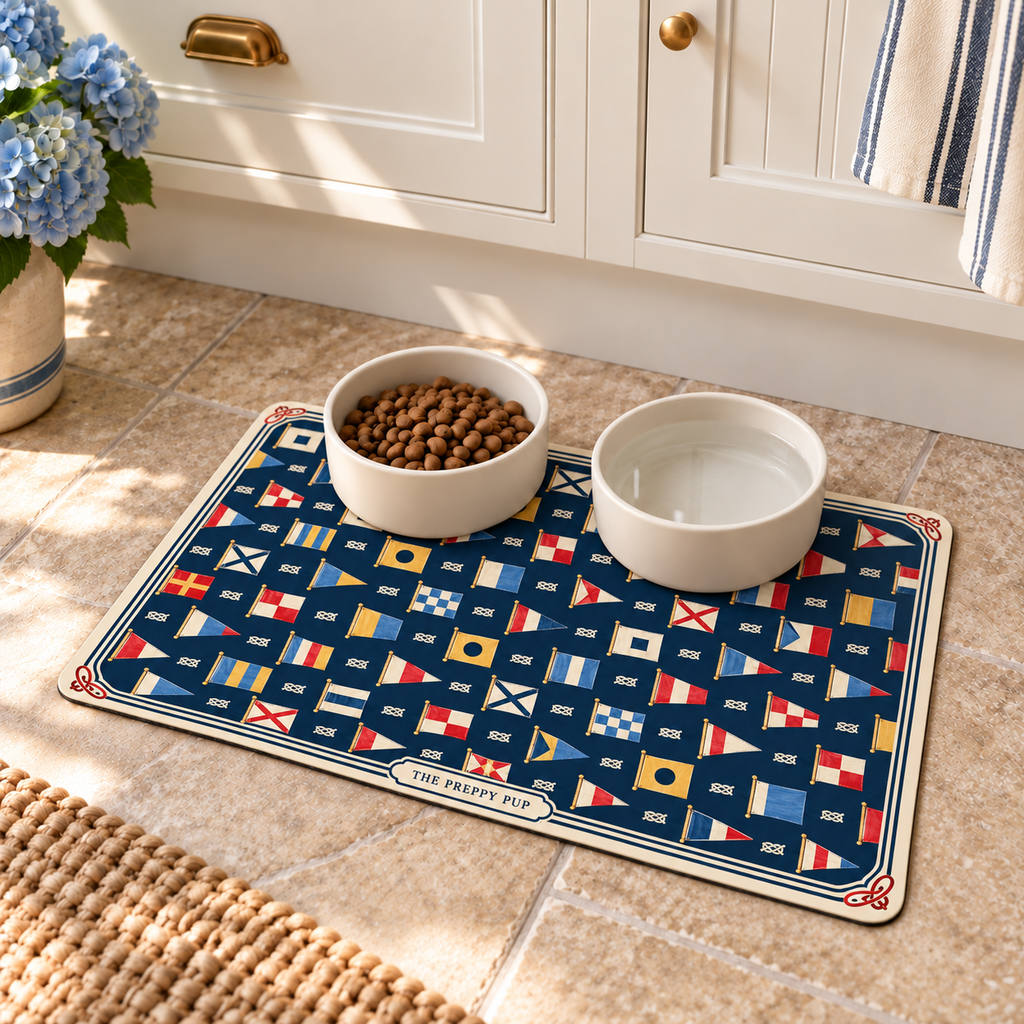The Regatta Pet Mat with food and water bowls in a coastal kitchen