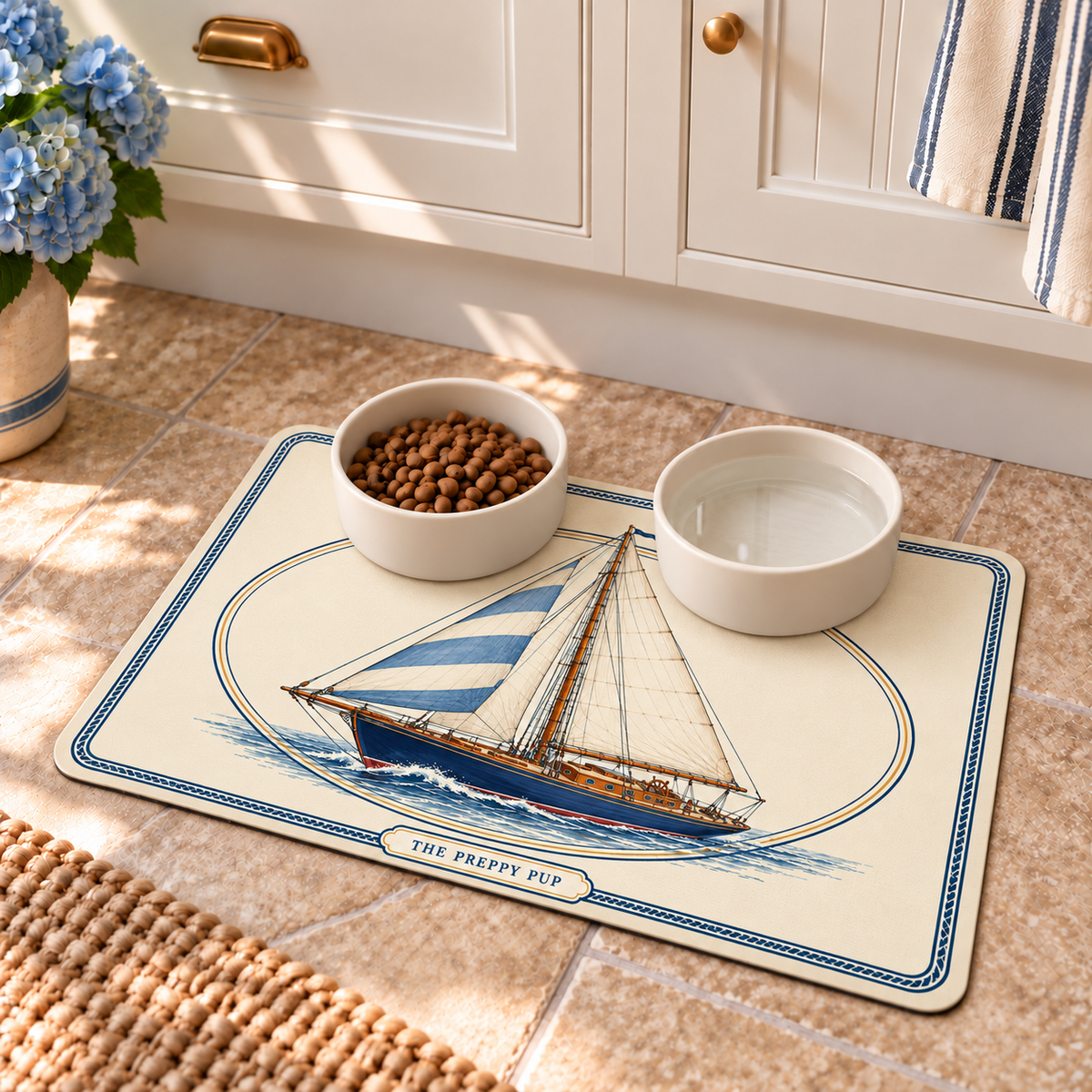 Afternoon Sail Pet Mat with food and water bowls in a coastal kitchen