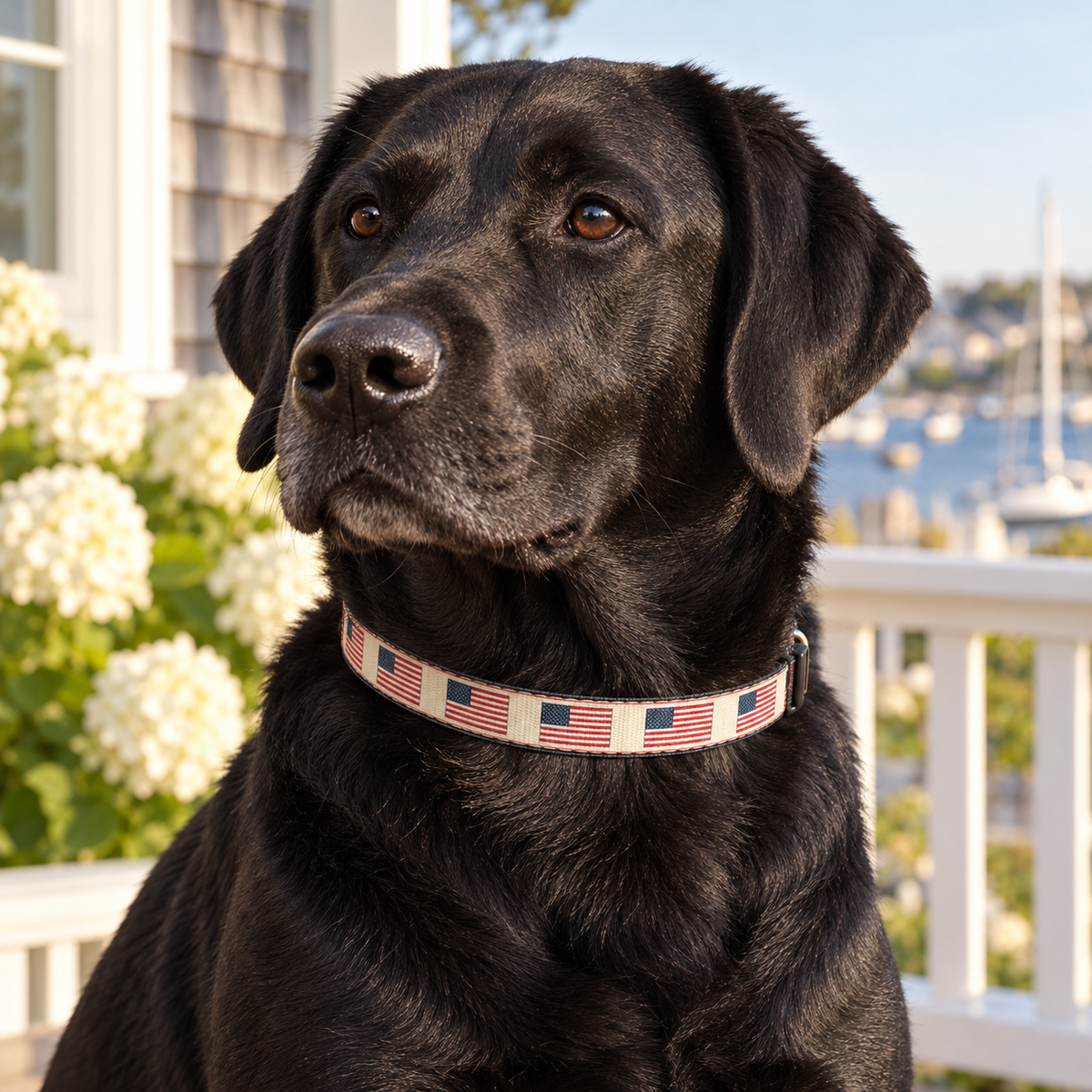 Old Glory Cream Clip-On Pet Collar worn by a black Labrador in a coastal setting