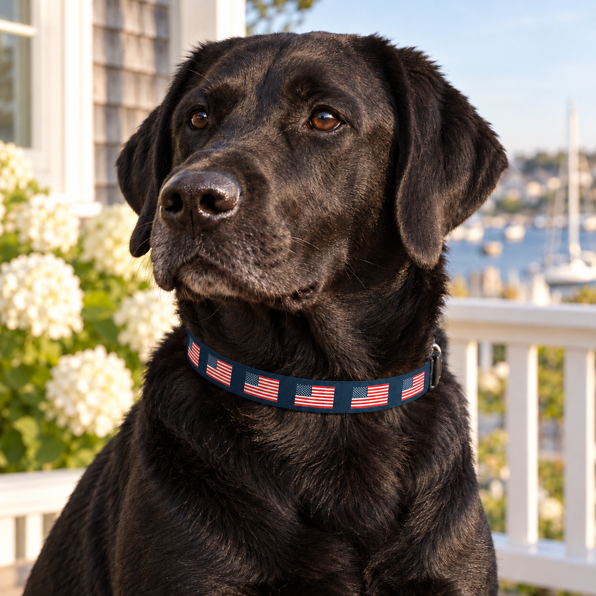 Old Glory Navy Clip-On Pet Collar worn by a black Labrador in a coastal setting