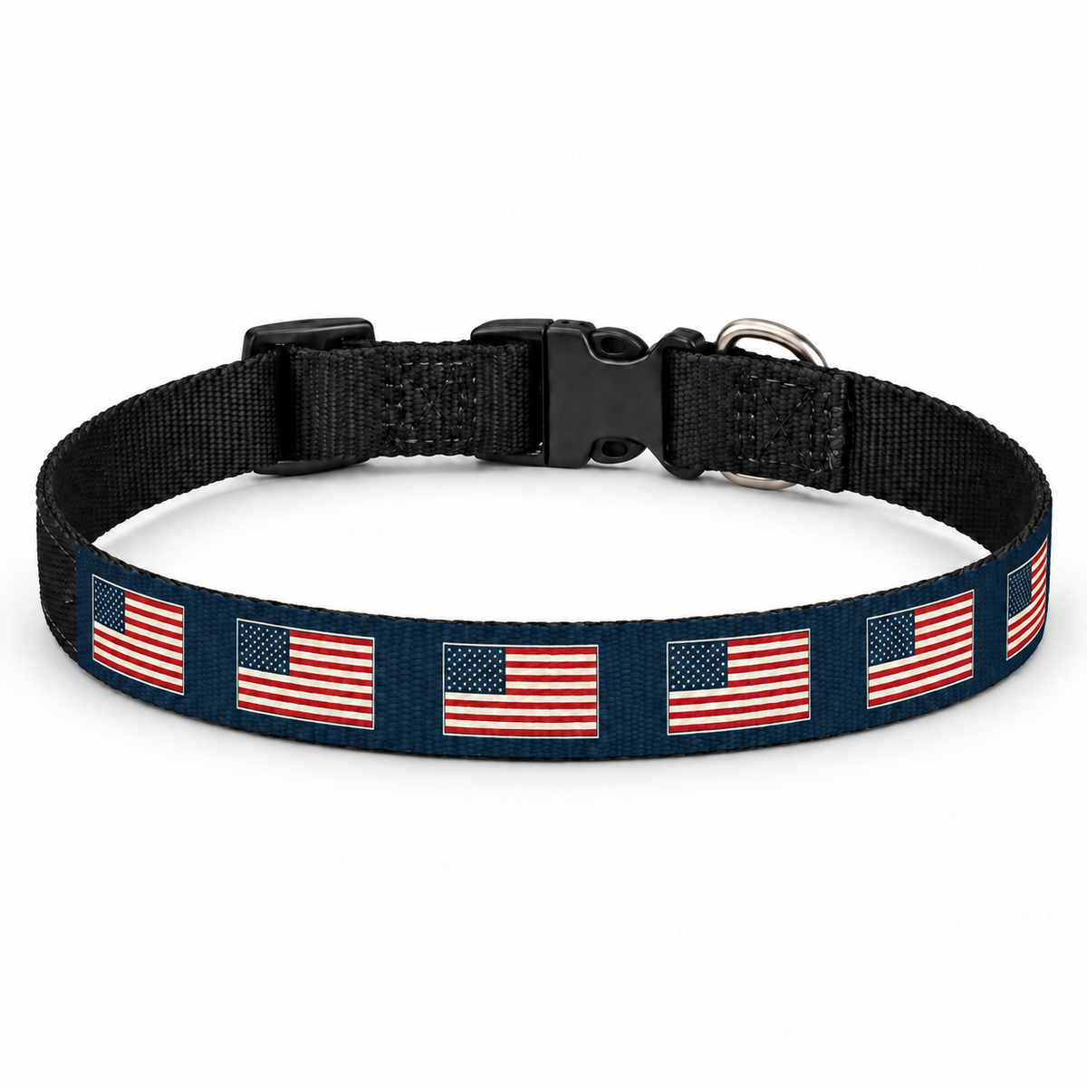 Old Glory Navy Clip-On Pet Collar fastened in a circle on a white background
