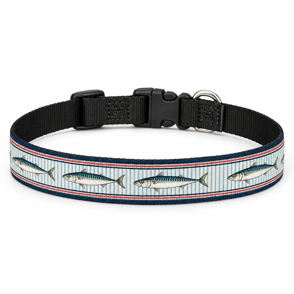 Mackerel Row Clip-On Pet Collar fastened in a circle on a white background