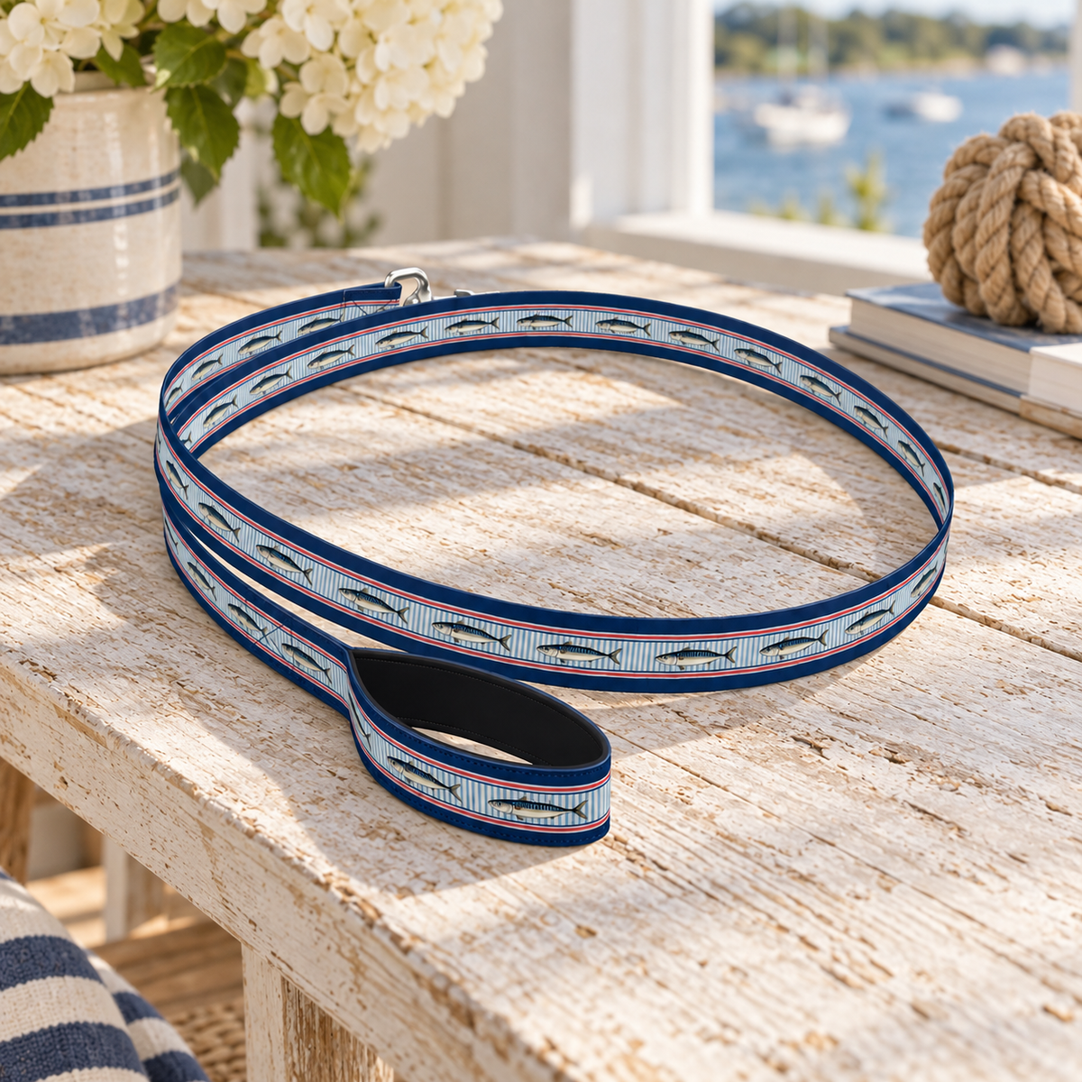 Catch of the Day Leash in a coastal setting