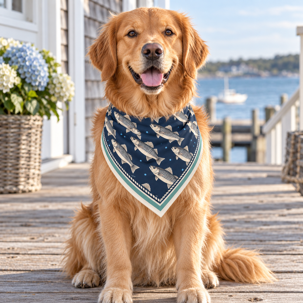 Catch of the Day Bandana worn by a golden retriever beside the harbor