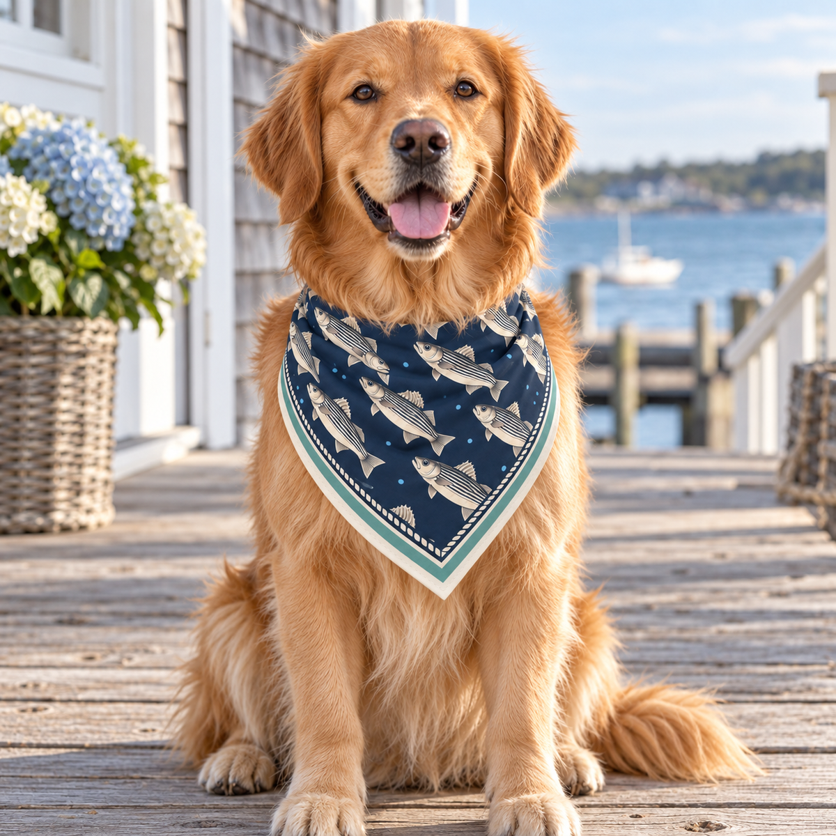 Catch of the Day Bandana worn by a golden retriever beside the harbor