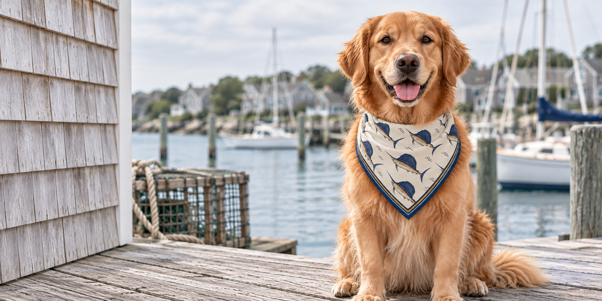 Golden retriever wearing the Sailfish Surprise bandana beside a New England harbor
