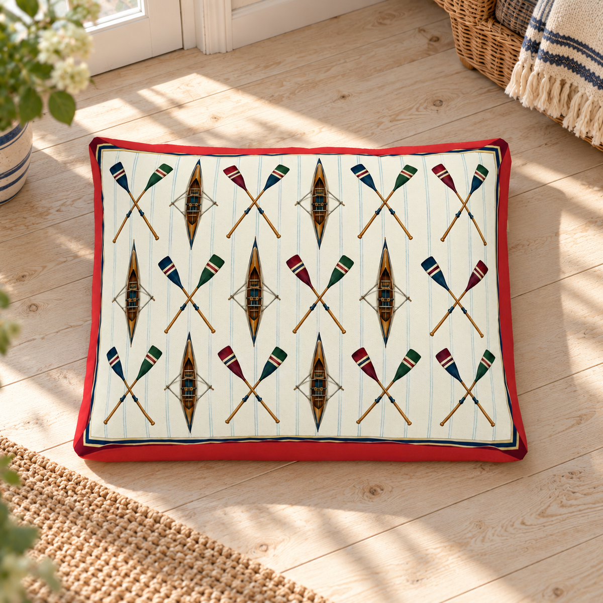 Oars & Snores Dog Bed in a coastal home