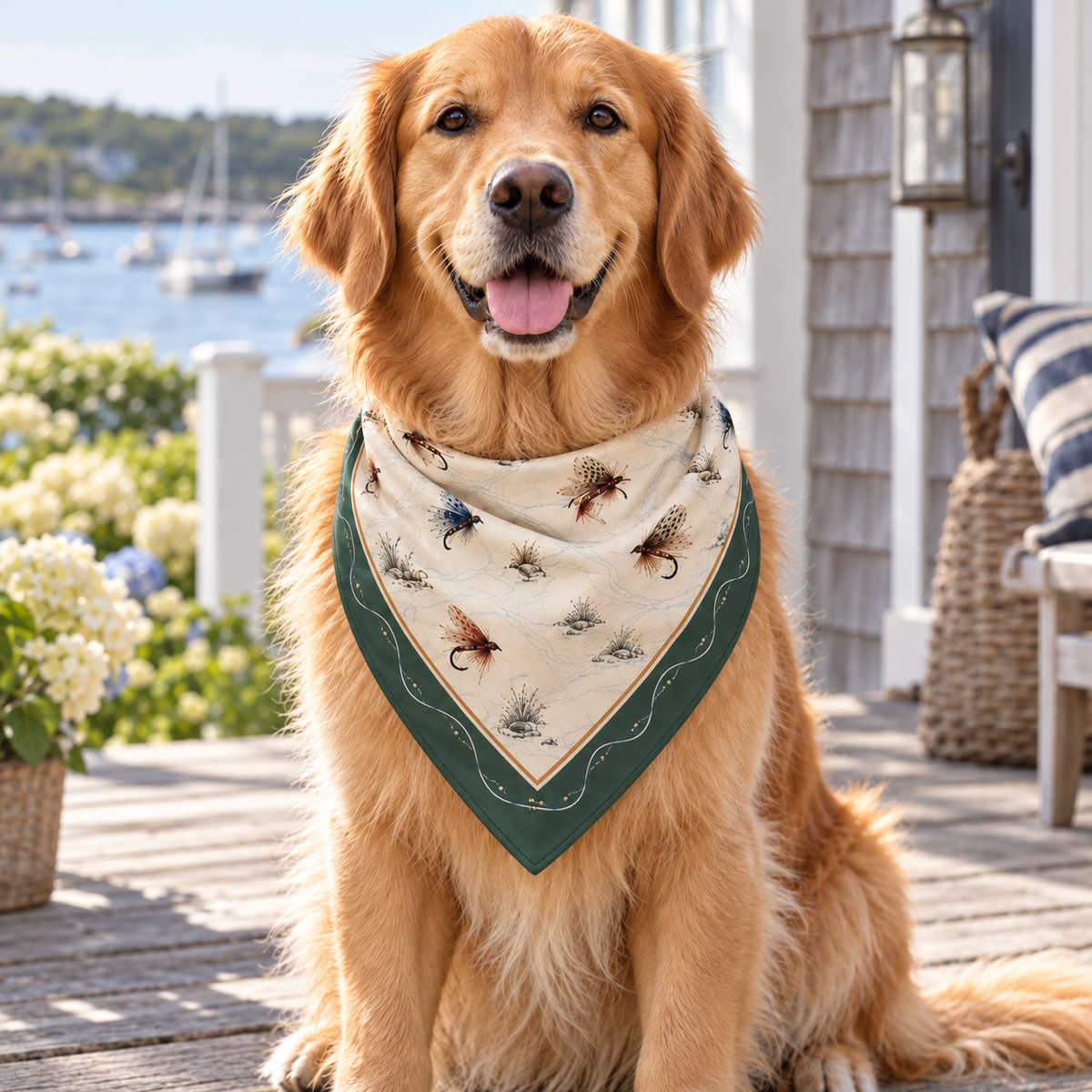 Off the Hook Bandana worn by a golden retriever beside the harbor