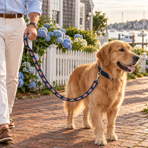 Golden retriever beside a Nantucket harbor using the navy Old Glory Leash with repeating American flags