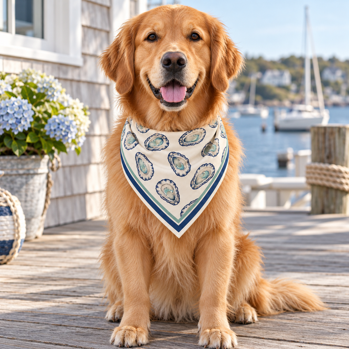 Oyster Club Bandana worn by a golden retriever beside the harbor