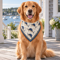 Sailfish Surprise Bandana worn by a golden retriever beside the harbor
