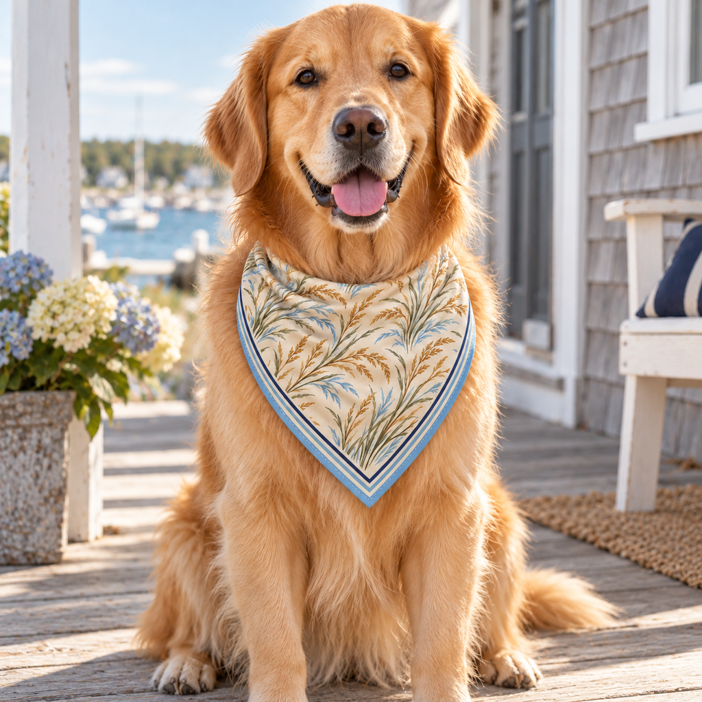 Sea Breeze Bandana worn by a golden retriever beside the harbor
