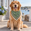 Tuna Salad Bandana worn by a golden retriever beside the harbor